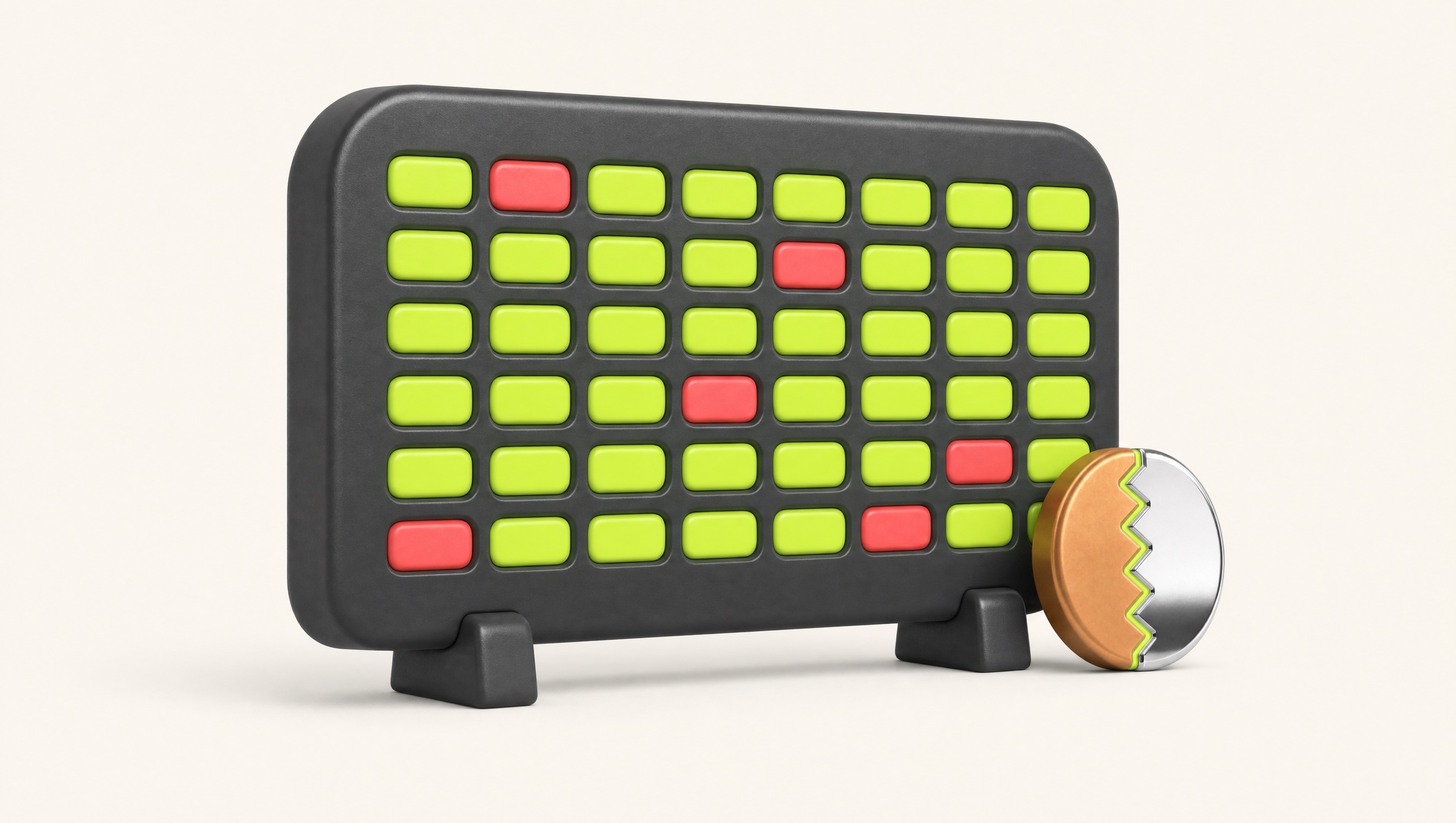 A toy exchange big board with green and red cells, the split penny coin leaning against it